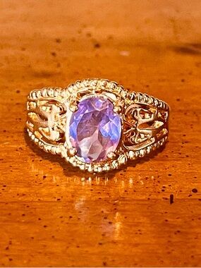Gold Filled Filigree Ring with Purple Oval Amethyst 14K Size 6.75-7